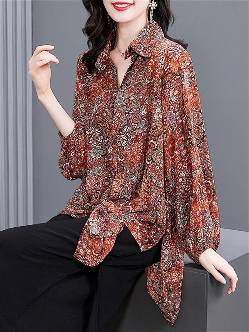 

Women' Blouses & Shirts Women Spring Autumn Style Chiffon Tops Lady Casual Long Sleeve Turn-down Collar Flower Printed Blusas DF4504Women, Red