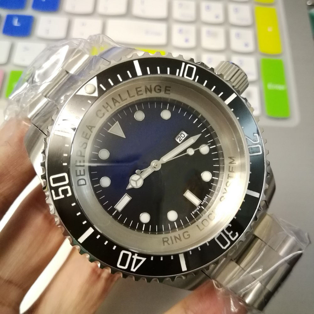

big size 51mm Mens Watch Deep Ceramic Bezel SEA-Dweller Sapphire Cystal Stainless Steel Glide Lock Solid Clasp Automatic Mechanical men Watches Male Wristwatches, Black/blue(no box)