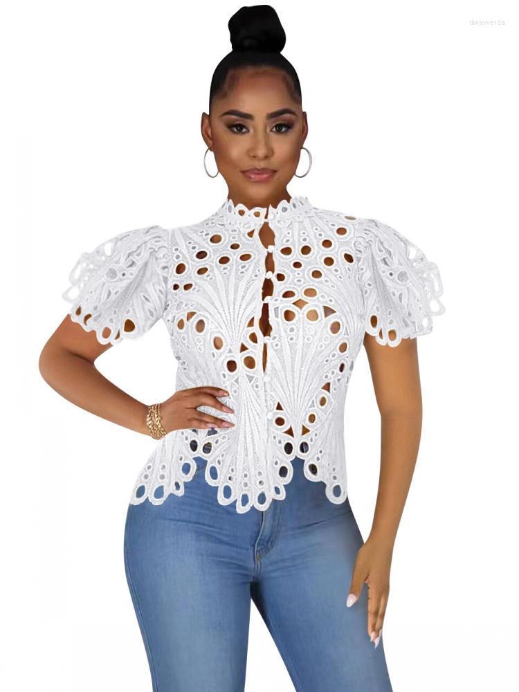 

Women's Blouses & Shirts Casual Lantern Short Sleeve Stand Collar Sexy Lace Hollow Out Blouse Female Elegant Red White Loose TopsWomen's Dwa, Black