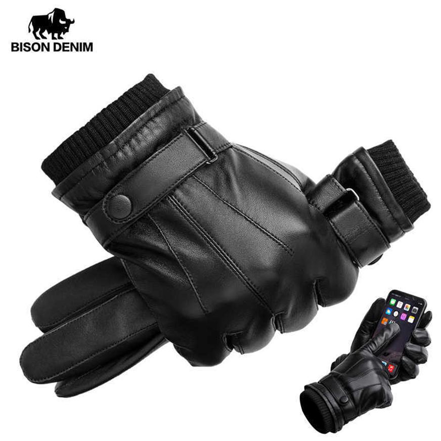 

BISON DENIM Men's Genuine Leather Gloves Touch Screen Gloves for Men Winter Warm Mittens Full Finger handschuhe Plus Velvet S312S