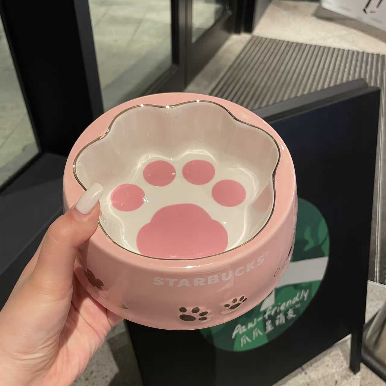 Starbucks pet bowl spot Cherry Blossom powder cat claw bowl drinking water bowl ceramic cat and dog products-image-760733942