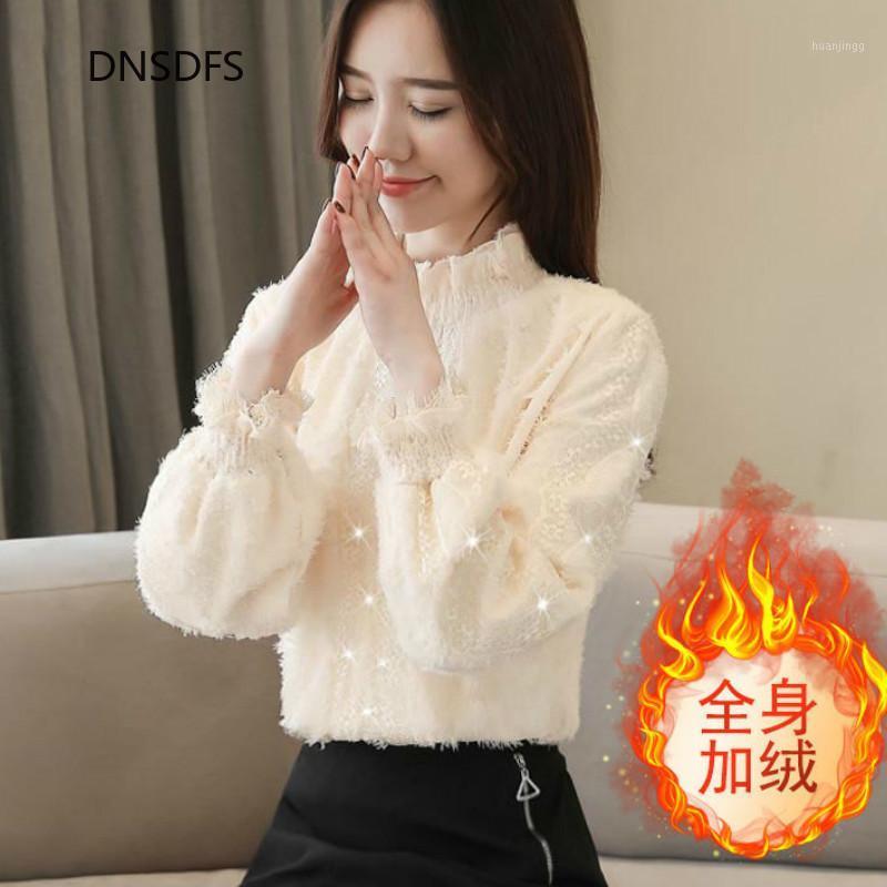 

Winter Lace Shirt Fall Fashion Korean Women Tops And Blouses Office Sweet Chiffon Thick Velvet Bottoming Shirts Blusas Mujer Women's &, Apricot thin