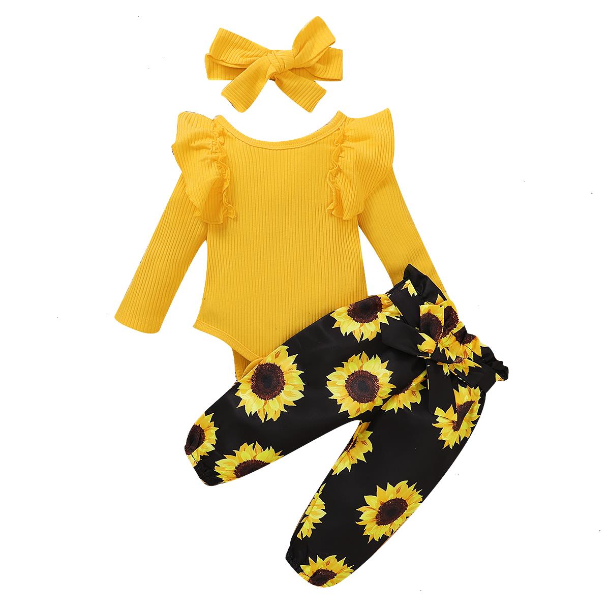 

Autumn Infant Baby Girls Set Clothes Yellow Flared Long Sleeve Jumpsuit Sunflower Bow Pants Headband Sping, As picture