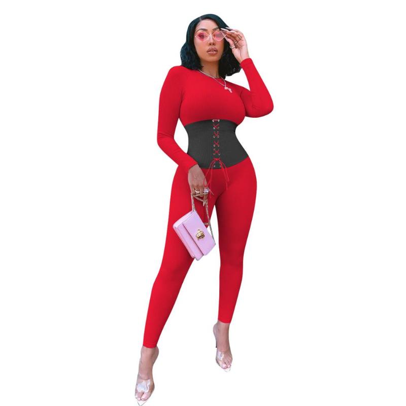 

Women's Jumpsuits & Rompers Autumn Winter Knit Rib Patchwook Womens Jumpsuit Sexy Sporty Corset Lace Up Long Sleeve Pencil Pants Body Women, Brown jumpsuit