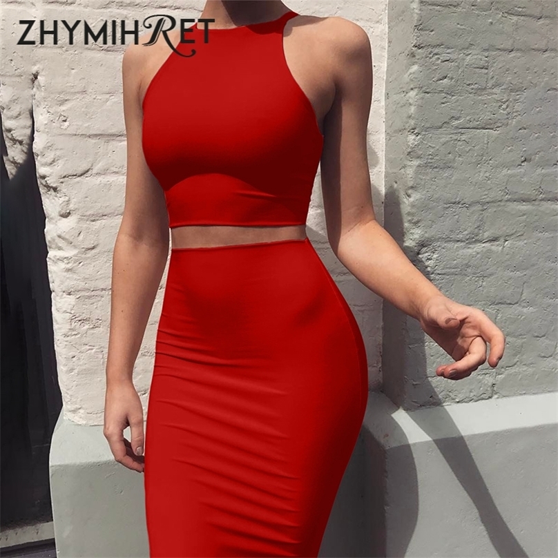 

ZHYMIHRET Sexy Summer Two Piece set dress Crop Tops sheath Mini bandage Dress Sleeveless party Vestidos robe femme ete 220613, Yellow