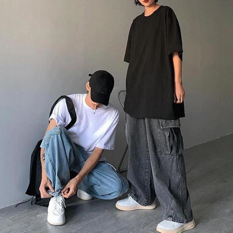 

Men's Jeans Youth Men Denim Trousers Male Cargo Pants Baggy Wide Leg Casual Streetwear Hip Hop CowboyMen's, Black