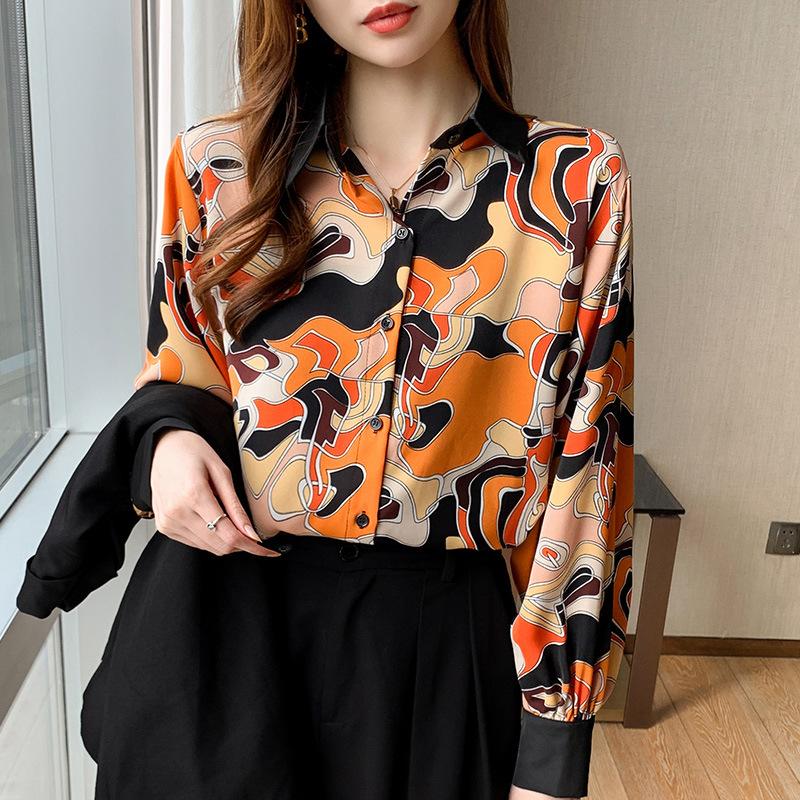 

Women' Blouses & Shirts French High-end Floral Satin Silk 2022 Spring Season Long Sleeve Printed Temperament Bottomed Shirt Women' Ele, B196-1