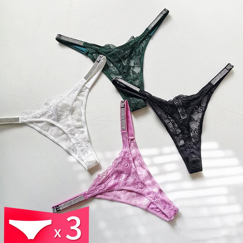 

Women' Panties 3Pcs Sexy Women Underwear Rhinestone Lace Pantie G String Transparent T Back Female Low Rise Ladies Briefs Black Lingerie Ta