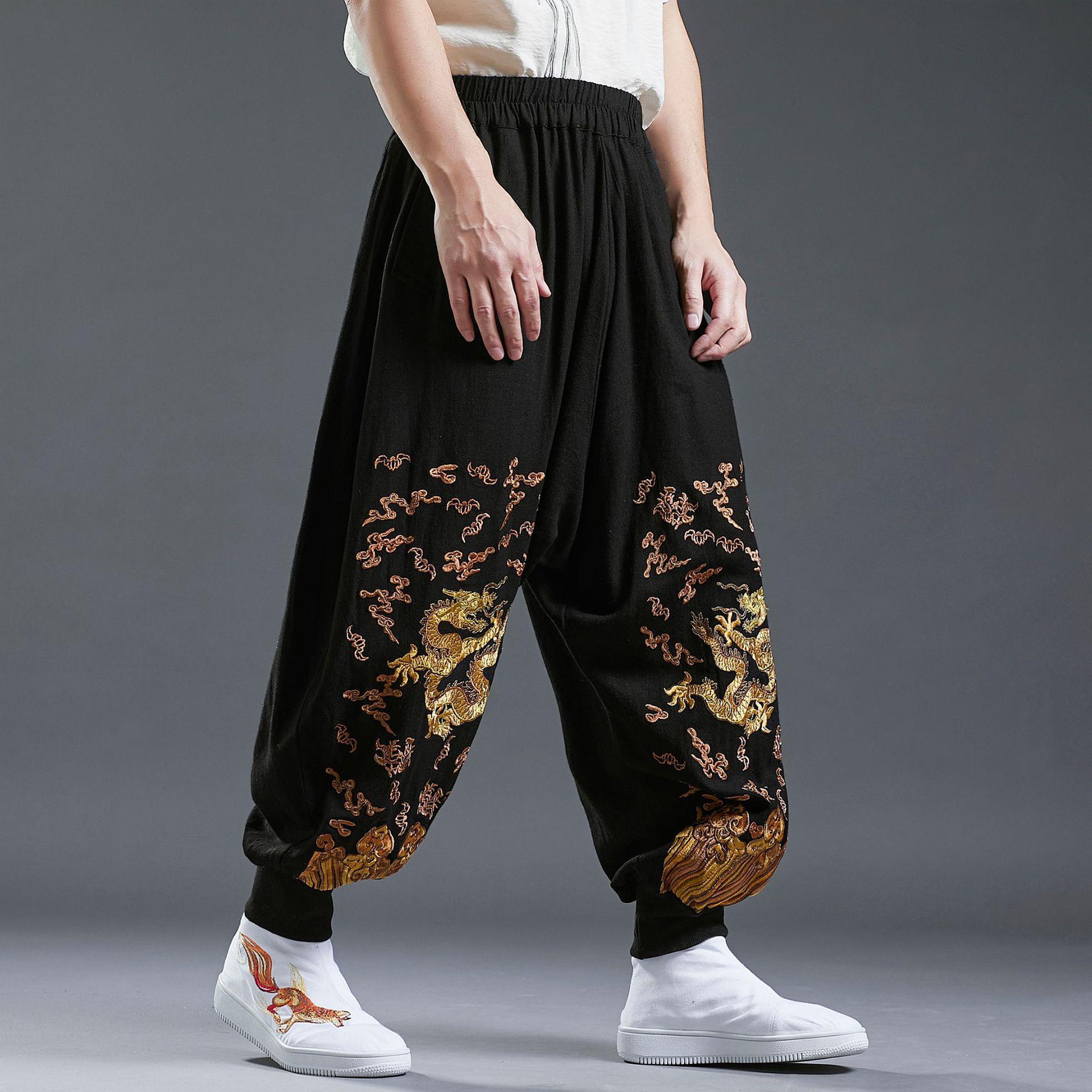 

Streetwear Lantern Men's Pants Loose Casual Trousers embroidered golden dragon Clothing cotton linen elastic waist Sweatpants, Black