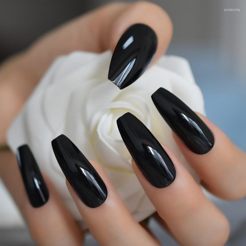 

False Nails Classic Balck Cool Fake Nail Long Pure Color Shiny Art Tips Full Cover Unique Coffin Prud22, L5215