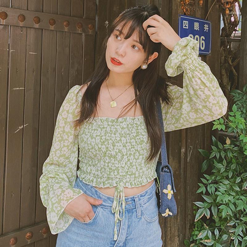 

Women's Blouses & Shirts Sweet Square Collar Blusas Women Sexy Pleated Short Spring Floral Printed Blouse Female Chiffon Long Sleeve Shirt C, G1