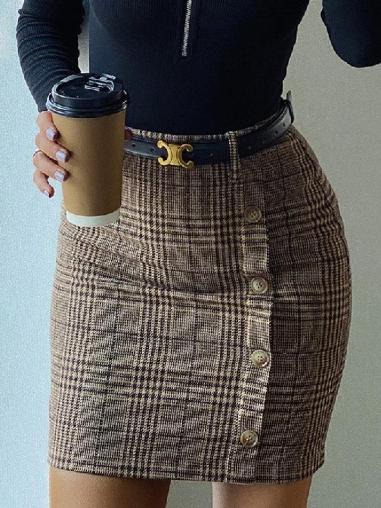 

Liti Plaid Fake Button Wool-mix Fabric Skirt Bodycon Sexy High Waist Mini Woman Summer Mujer Faldas, Khaki
