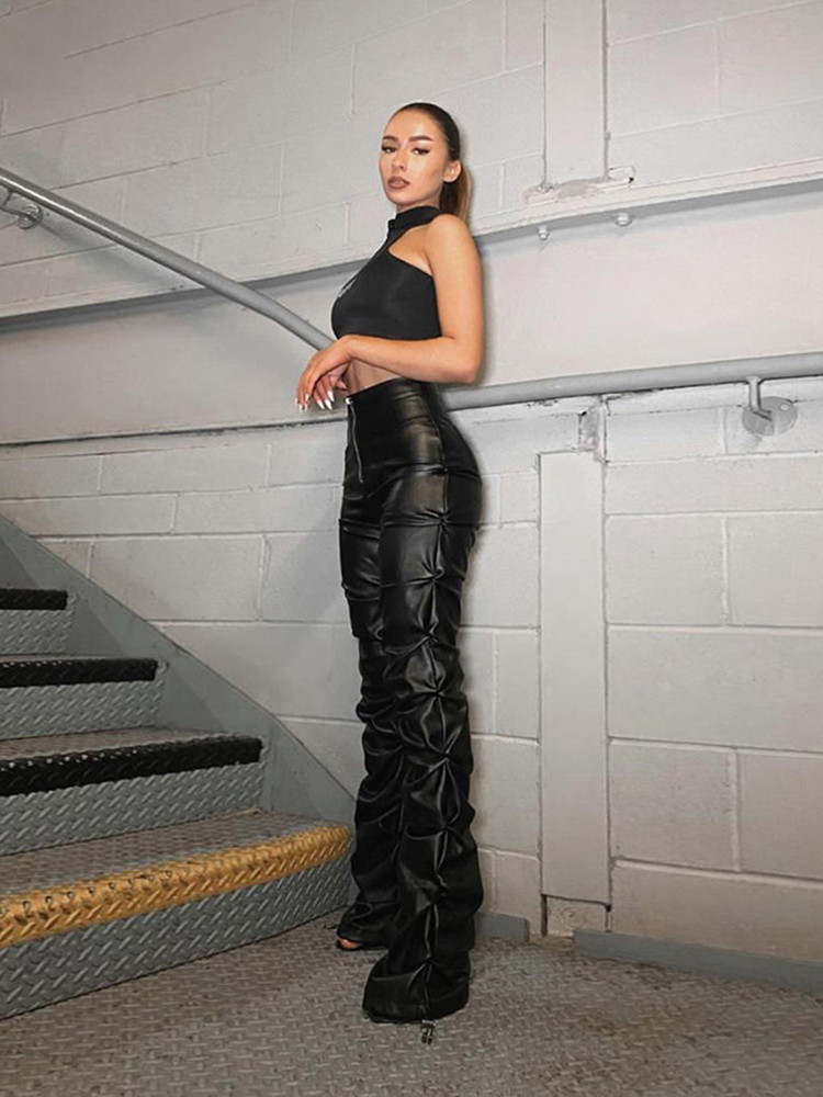 

Pleated Solid High Waist Stacked Pants 2021 Women Clothing Fashion Faux PU Leather Hipster Street Style Long Trousers Hot, Black