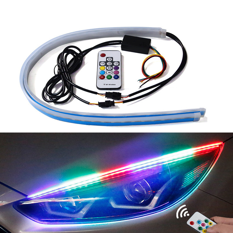 

New 2Pcs Universal Flexible Flowing RGB Daytime Running Light DRL Multi Color LED Strip Turn Signal Lights For Headlight