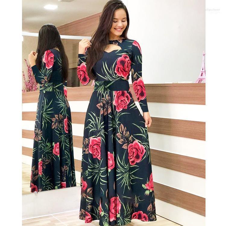 

Women Floral Print Long Sleeve Boho Dress Autumn Spring Fashion Female Hollow Out High Waist Party Dresses Plus Size S-3XL Casual
