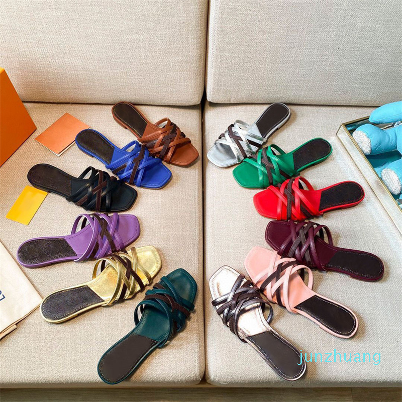 

Designer Luxury Women Sandal Leather Flat Heels Sandals Summer Ladies Classic shoes with box size 35-40 2022, Color 3