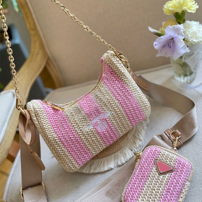 

Straw Stripes Hobo Bag Weave Handbags Women Crossbody Composite Bag Chain Mini Purse High Quality Triangular Sequin Coin Wallets Removable Wide Strap Shoulder Bags, Box