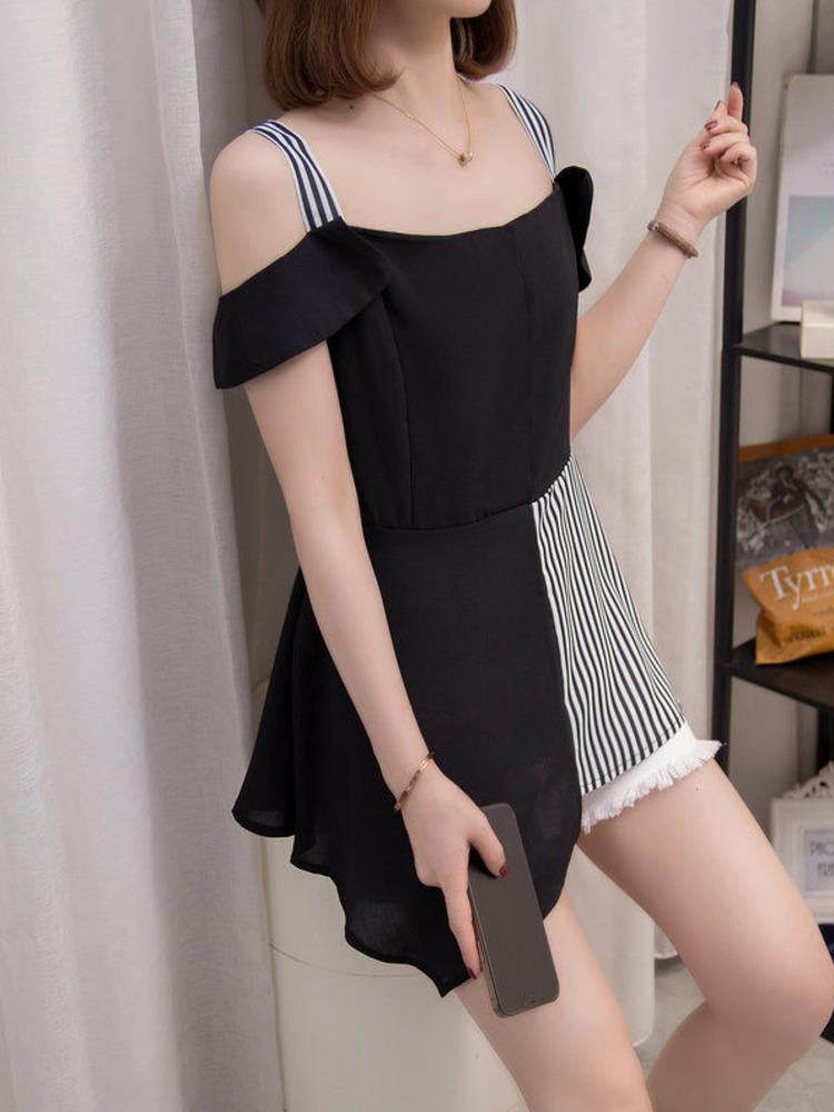 

Women's Blouses & Shirts Oversize -4XL Spaghetti Strap Summer Off The Shoulder Striped Patchwork Large Shirt Sexy Slash Neck Korean Style T, Black