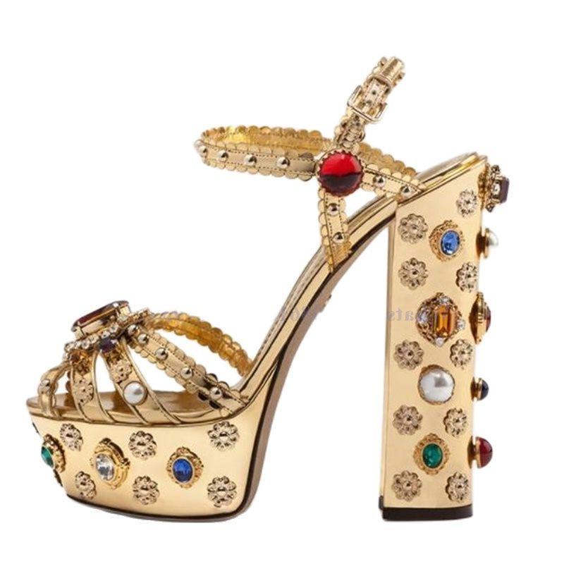 

Sandals Gold Crystal Pearl Decor Platform Heels Chunky Heel Women Summer Luxury Colorful