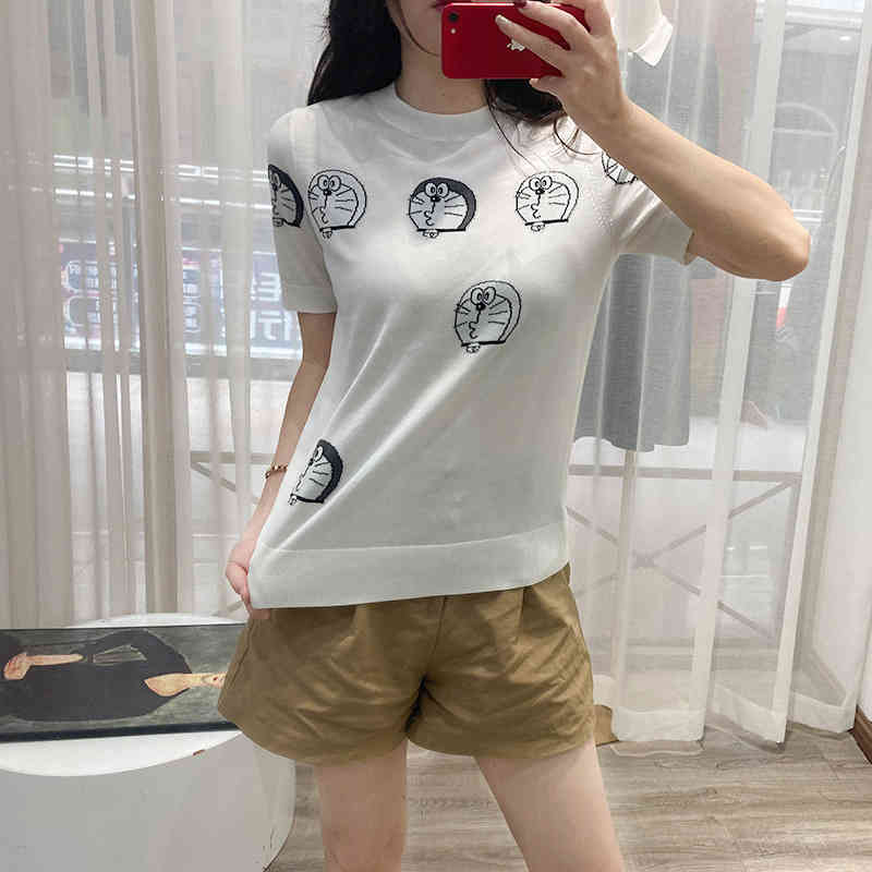 Women's Knits & Tees summer cartoon animation jingle cat sweater women's 50% Tencel fine wool loose thin fashion