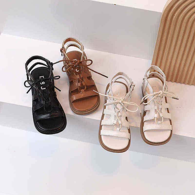 

Children's Girls Roman Sandals Solid Color Lace-up 2022 Summer New All-match Casual Open-toe Japanese Style Flat Princess Shoes G220418, Black