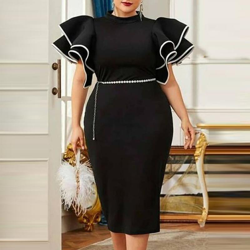 

Plus Size Dresses Black Dress Ladies Elegant Round Neck Pullover Summer Ruffle Sleeve Bodycon Female Office Party Midi Large