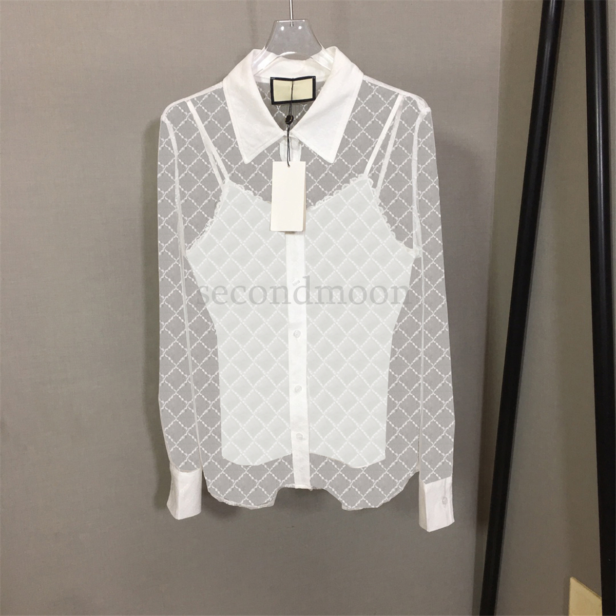 

Jacquard Letter Designer Tee Women Sexy Mesh Tees Long Sleeve Fashion Tops Lapel Neck T Shirts, Extra shipping fee