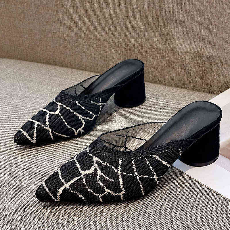 

Pointed Toe Knitted High Heels Mixed Color Slippers Women Mesh Breathable Slides Fashion Block Heel Mules Shoes Spring 220615, Black
