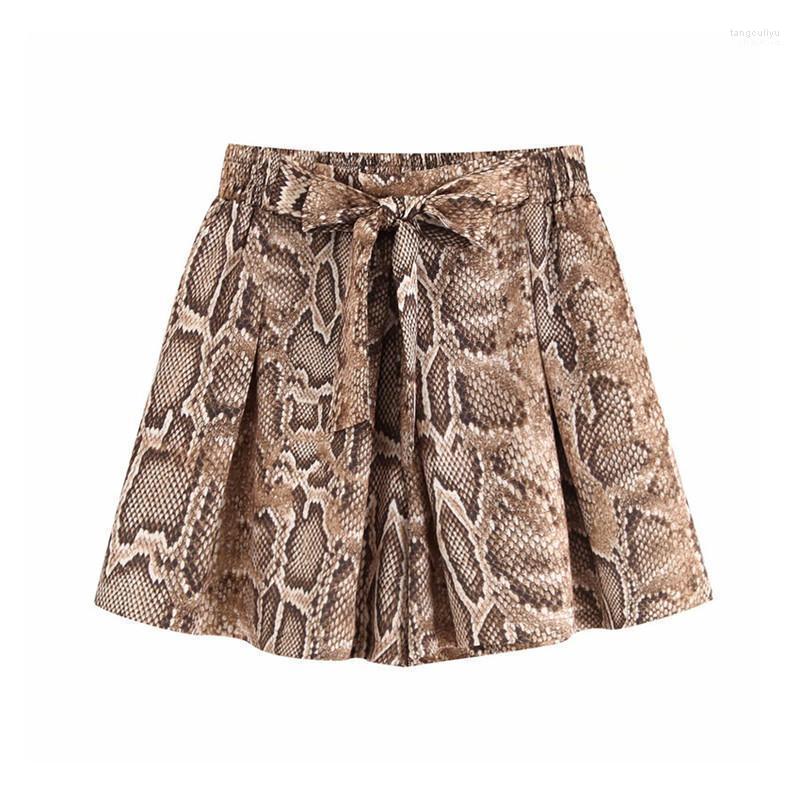 

Women's Shorts High Waist Pockets Retro Snake Pattern Bow Tie Women Sashes Elastic Animal Pantalones Cortos 2022, Khaki