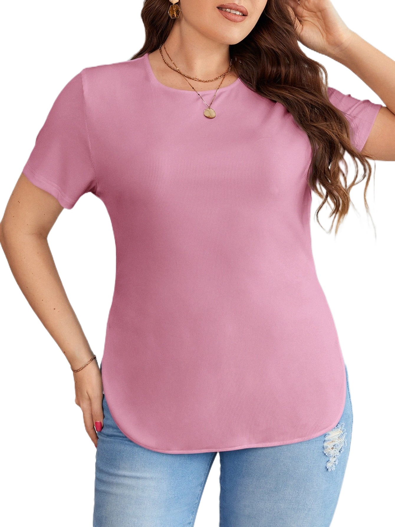 

plus Solid Curved Hem Tee Z1lD#, Dusty pink