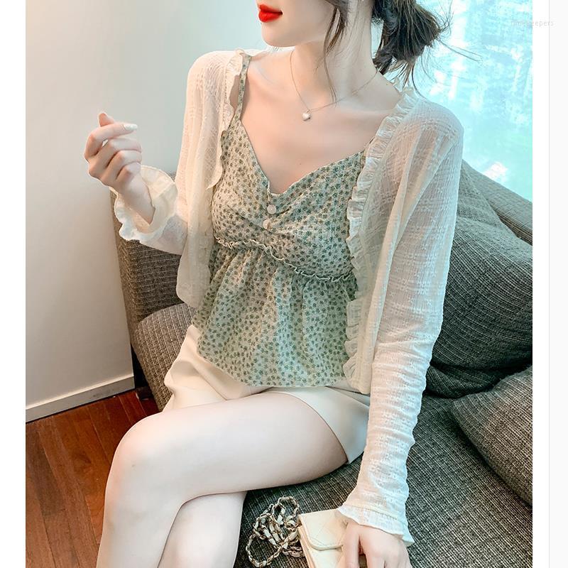 

Women' Knits & Tees Chiffon Pink Cardigans Women Summer Sunscreen Long Sleeve Cropped Cardigan Korean See Through Kimono Tops Fashion Shrug