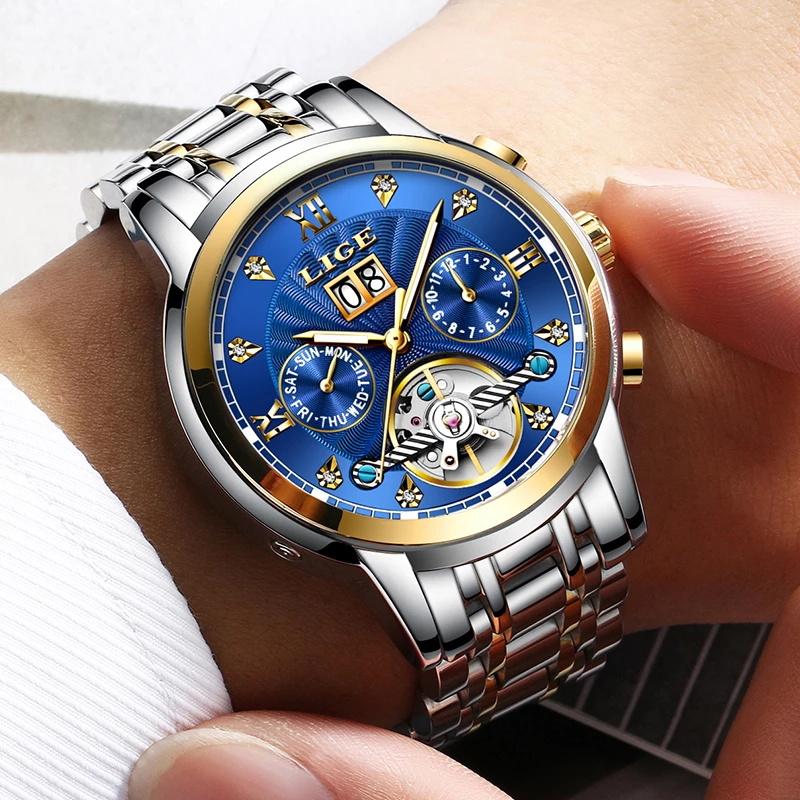 

Wristwatches LIGE Men Luxury Automatic Mechanical Watch Classic Business Tourbillon Waterproof Wristwatch Relogio Masculino+Box, Gold blue