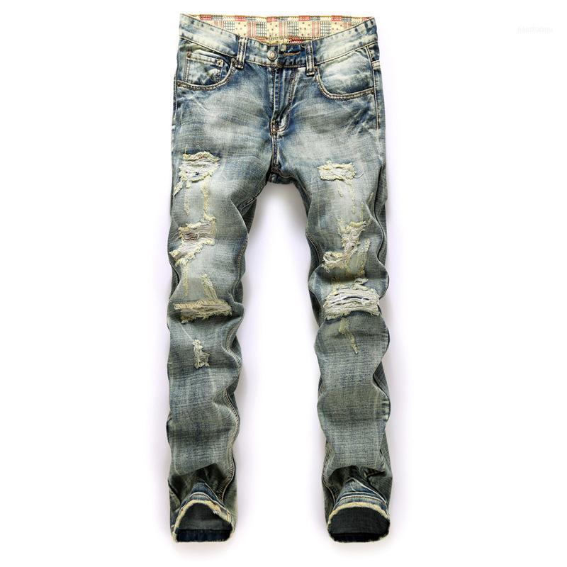 

Men's Jeans Fashion Ripped Hole Men Bleached Denim Hip Hop Blue Straight Slim Fit Casual Holes Pants Trousers