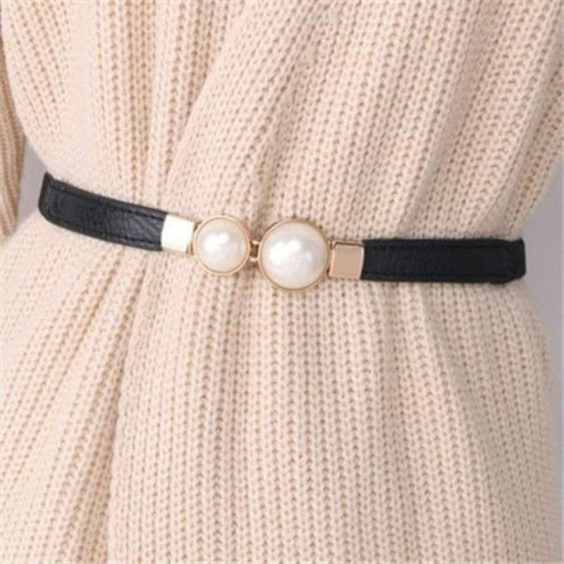 

Belts Women Double Pearl Belt Female Black Red White PU Leather Dress Skirt Waist Elastic Thin Ladies WaistbandBelts