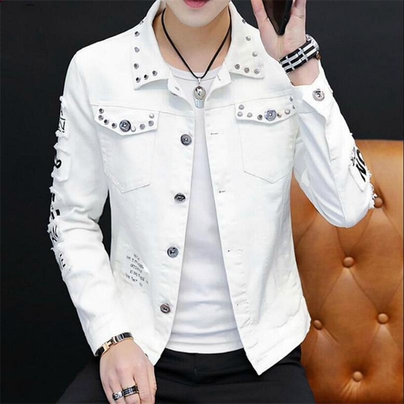 

White Denim Jacket Men Rivet Motorcyle Basic Coat Streetwear Hip Hop Bomber Jacket Cowboy Mens Jean Jacket Chaqueta Hombre 220816, Black