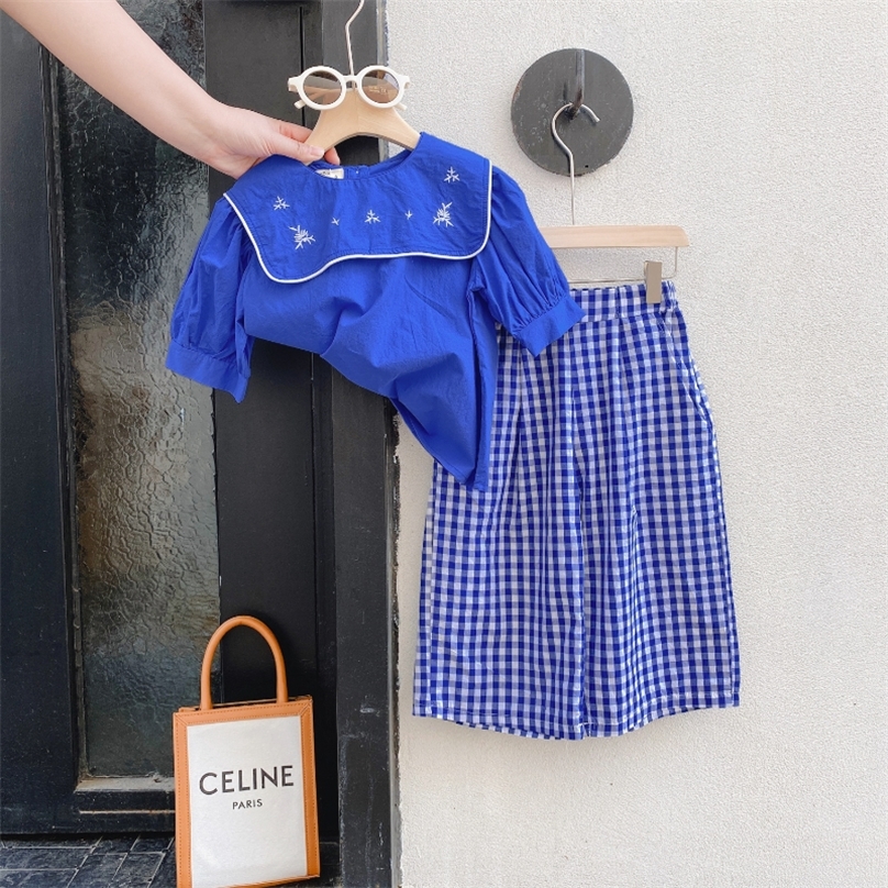 

Clothing Set Summer Fashion Short Sleeve Shirt & Wide Leg Pants Toddler Girl Outfits Kids Clothes Girls 2pcs 27Y 220617, Blue