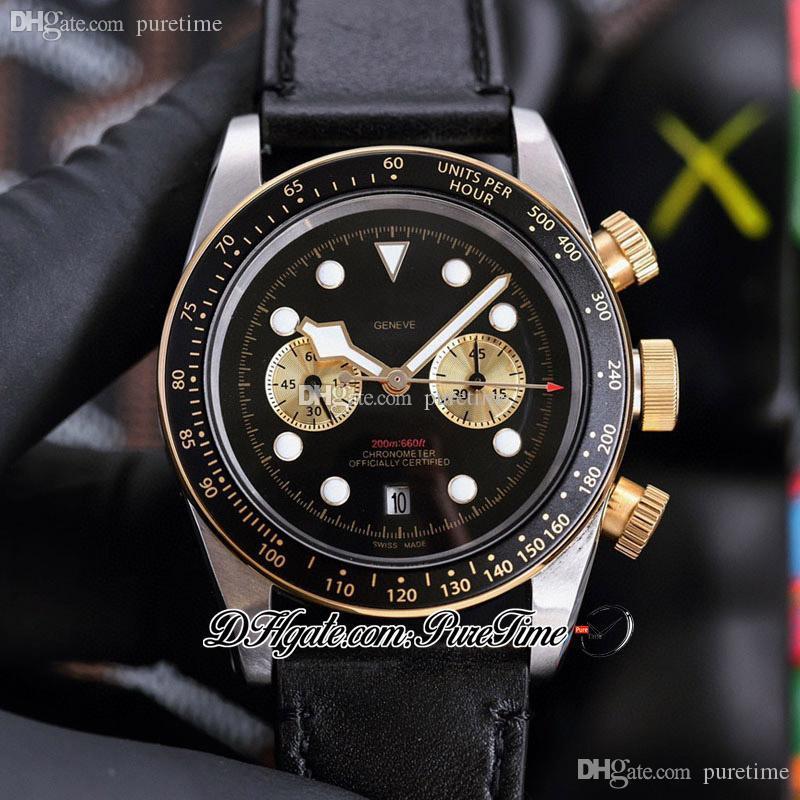 

79363 A21J Automatic Mens Watch 42mm Steel Case Black Dial Yellow Gold Subdial Leather Strap Watches No Chornograph Puretime F02C3, Customized waterproof service
