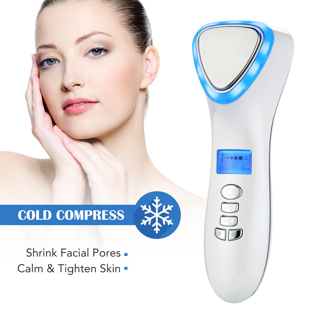 LED Hot Cold Face Skin Care Device Massagers Hammer Ultrasonic Cryotherapy Facial Vibration Red Blue Light Ion Beauty Instrument