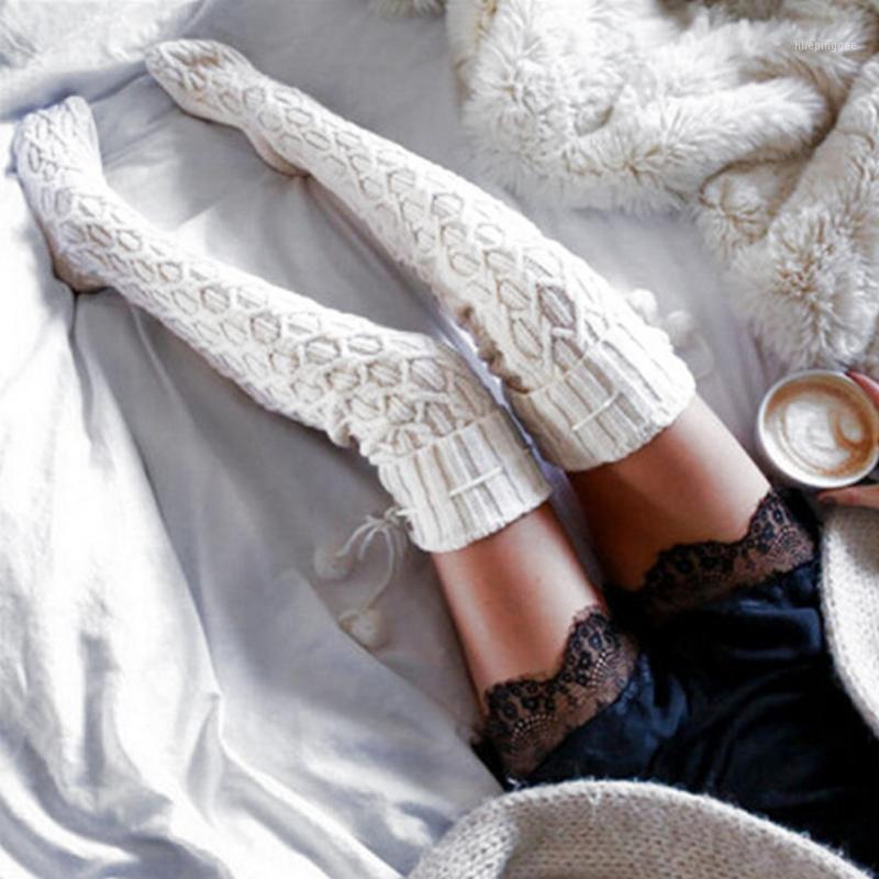 

Socks & Hosiery Wholesale- Fashion Women Cable Knit Extra Long Boot Solid Sexy Thigh High School Girl Stockings Purple/White Knitted Knee
