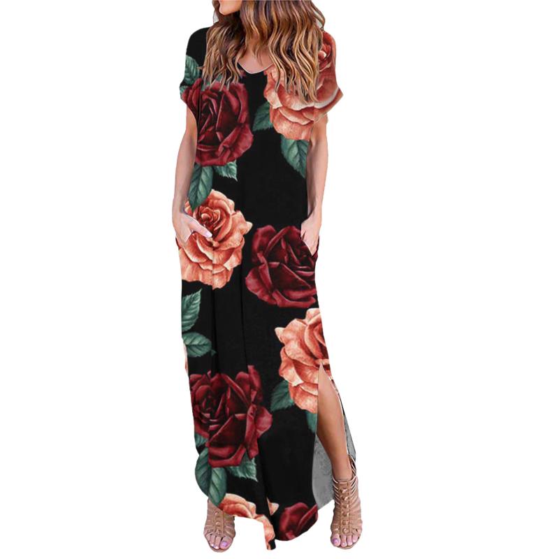 

Party Dresses Women Casual Vintage V Neck Feather Maxi Dress Summer 2022 Pocket Elegant Short Sleeve Slit Beach Loose Sundress, Black