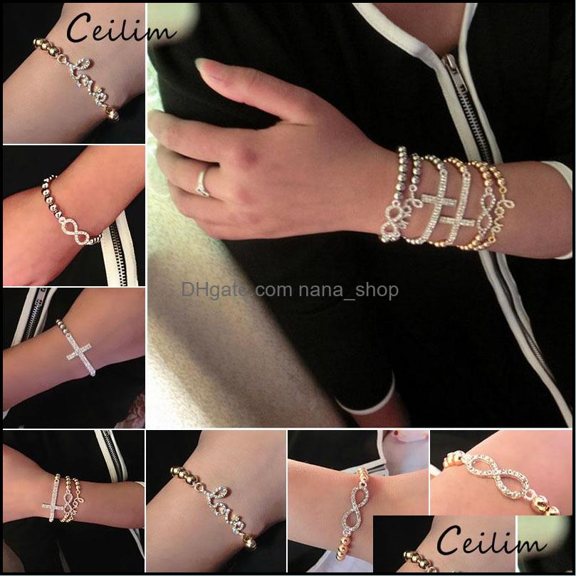 

Beaded Strands Bracelets Jewelry Gold Sier 6Mm Beads Cross For Women Cute Fl Crystal Infinity Charms Adjustable Barcelet Wholesaler Drop