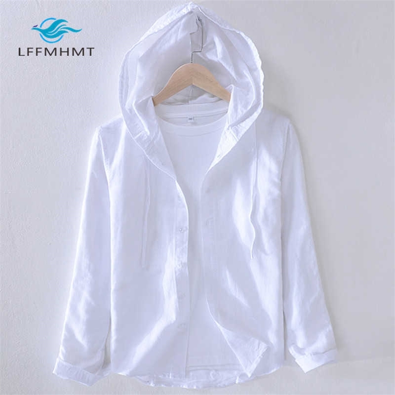 

9208 Men Spring Autumn Fashion Brand Japan Style Striped Cotton Linen Hooded Shirts Male Casual Long Sleeve White Blouse Clothes 210701, 9208 khaki
