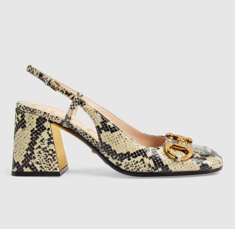 

Luxury brands Women high-heel designer shoes Gold horsebit metallic calf leather slingback pumps chunky Sandals with box 35-43