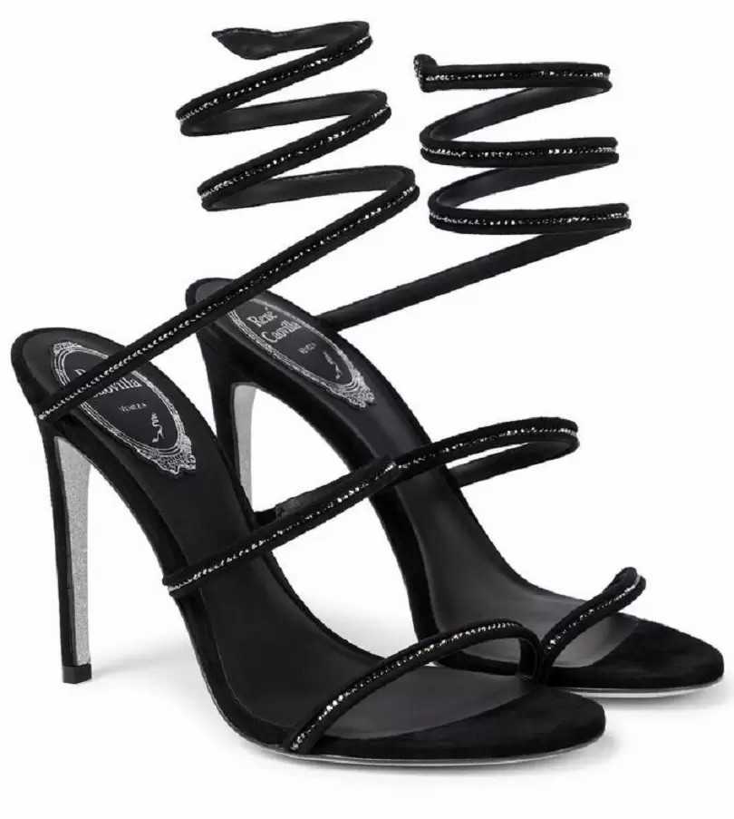 

Fashion-Rene Caovilla Sexy women Cleo Heeled Sandals designer Crystal diamond luxury Metal letter buckle Womens Pointed Toe Sandal Slingback sj