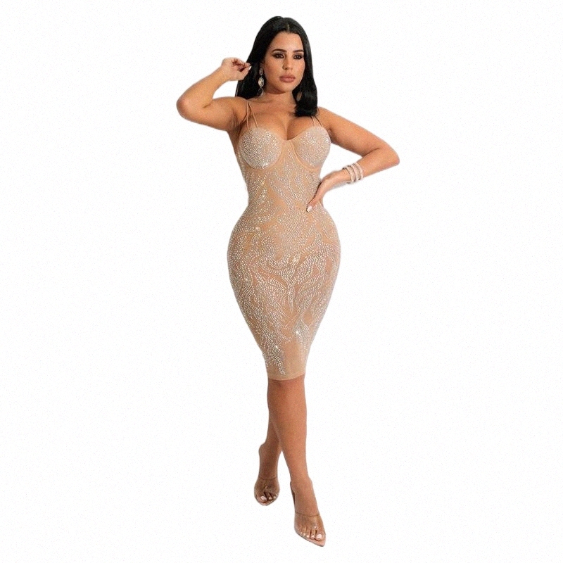 

casual Dresses Sheer Mesh Rhinestones Spliced Party Club Dress Women Spaghetti Strap See Through Vestidos Elegant Backless Package Hip Robe x6eJ#, Apricot