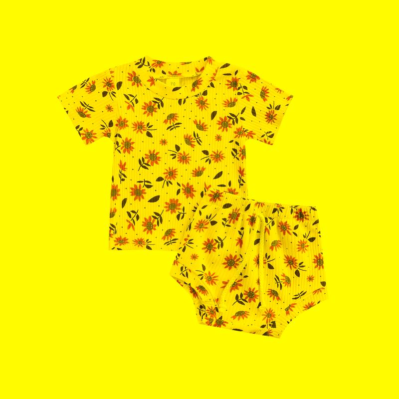 

Clothing Sets Infant Born Baby Girls 2Pcs Summer Outfits Short Sleeve Sunflower Print Rib Knit T-Shirt Shorts SetClothing, As pic