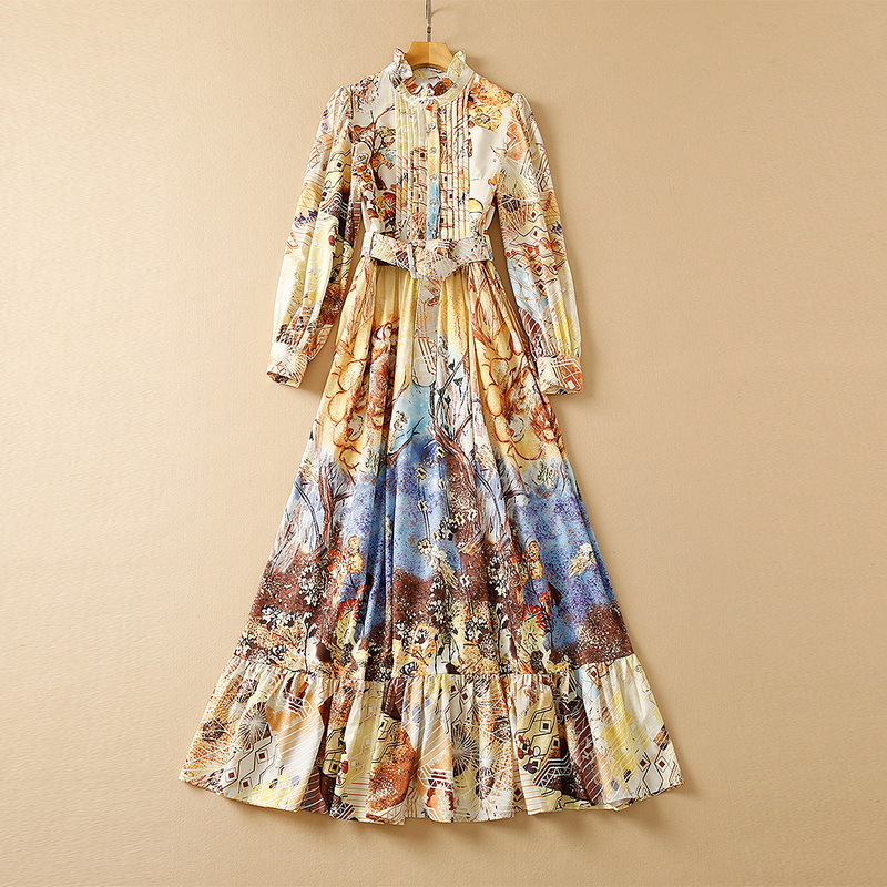 

European and American women' wear spring 2022 new Long sleeve stand collar fashion belt printed pleated dress, Multi