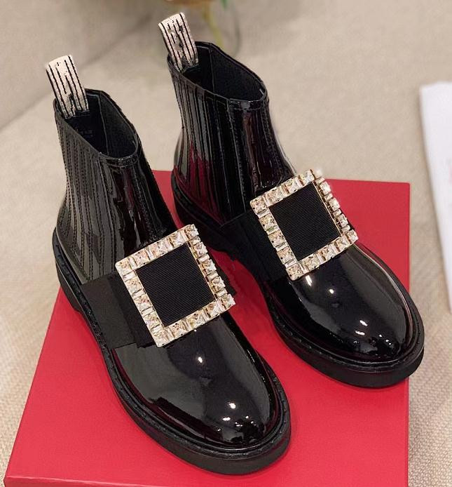 

Rhinestone Square Buckle Martin Boots Women's Spring and Autumn New Patent Leather Design Ladies Chelsea Short ankle Boots 34-41, Drill buckle