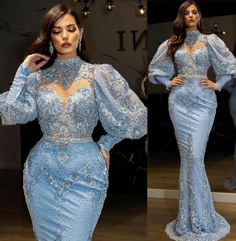 2022 Plus la taille arabe Aso Ebi luxueux dentelle perlée robes de bal sirène col haut soirée formelle fête deuxième réception robes B0527W19
