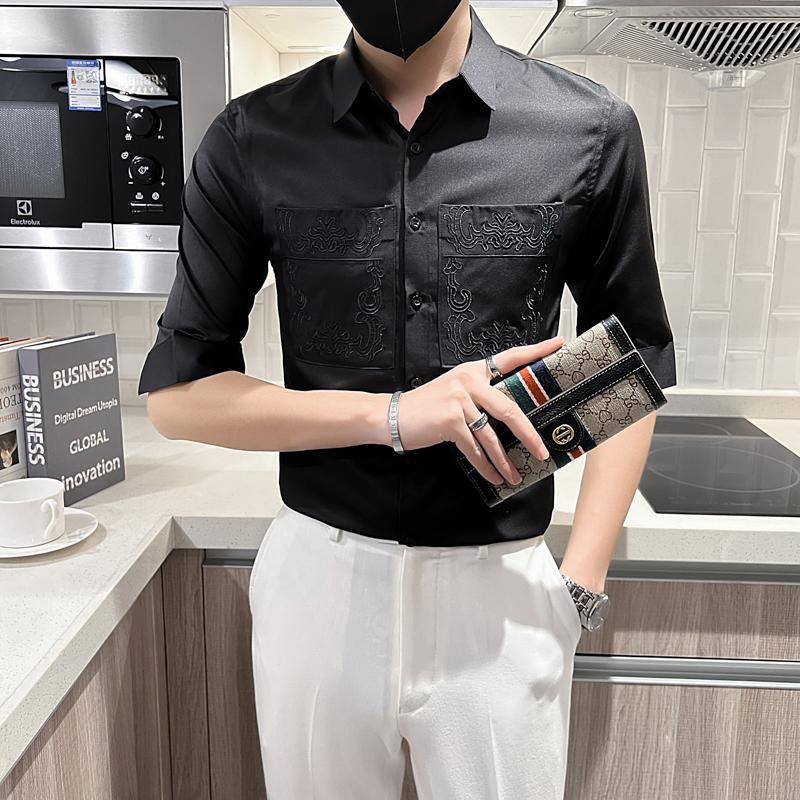 

Men's Casual Shirts Camisa Masculina Spring Summer Vintage Embroidery Half Sleeve Tuxedo For Men Clothing 2022 Slim Fit Chemise HommeMen's, Black